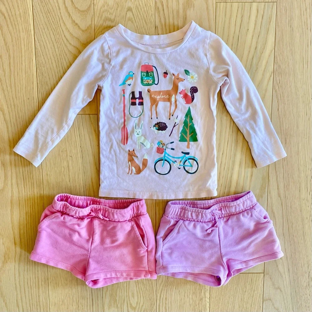 2T Girls Outfit - Long Sleeved Nature Print Shirt and Two Drawstring Shorts